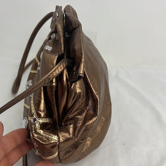 Vintage Bronze Soft Leather Crystal Studded Top Frame Shoulder Bag Crossbody - Picture 5 of 10